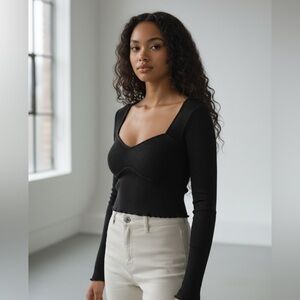 H&M Black Ribbed Corset Style Top | Long Sleeve Sweetheart Neck | Size M